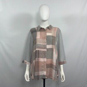 JNY Jones New York Woman's Shirt Button Up Top 1X Geometric Pattern - [WD21]